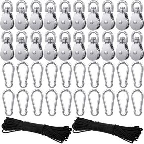 Pulley Block System Set, M20 Pulley Wheel Stainless Steel Rope Pulley with 66ft Nylon Rope and Hooks, Swivel Lifting Wire Rope Cable Pulley Roller for Lifting Hanging (42 Pcs)