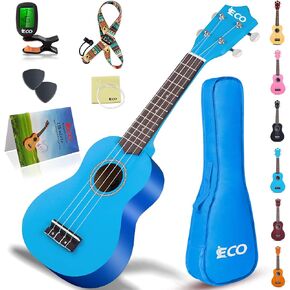 iECO Soprano Ukulele Beginner Kit for Kids Adults 21 Inch Ukelele w/Case Strap Tuner Strings Picks (Black)