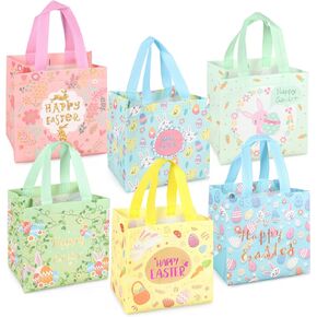 6PCS Happy Easter Egg Hunt Bags Bunny Carrot Chick Metallic Printing Gift with Handles, Treat Bags, Multifunctional Non-Woven for Gifts Wrapping, Party Supplies , 8.3×7.9×5.9inch