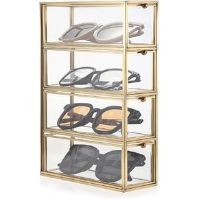 Hipiwe Sunglasses Organizer Box with 4 Drawers, Gold Metal Eyeglass Storage Holder Eyewear Display Case, Clear Glass Multiple Drawer Organizer for Glasses Jewelry Watch Vanity Makeup