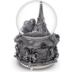 Paris Musical Snow Globe with Color Changing LED Lights, Eiffel Tower Snow Globe with Merry-go-round Base, 100mm 6" Tall Souvenirs Collection (Bronze)
