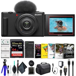 Sony ZV-1F Vlogging Camera Black ZV1F/B, Case, 64GB Card, 2 x NP-BX1 Battery, Card Reader, Corel Photo Software, HDMI Cable, LED Light, Charger, Flex Tripod, Memory Card Wallet, and More