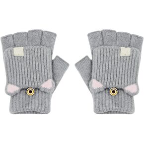 Winter Warm Convertible Mittens Half Fingerless Plush Knitted Lined Cartoon Gloves for 6-12 Years Old Boys Girls