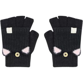 Winter Warm Convertible Mittens Half Fingerless Plush Knitted Lined Cartoon Gloves for 6-12 Years Old Boys Girls