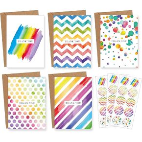 Thank You Cards with Brown Kraft Envelopes and Stickers - 5 Designs Bulk Watercolor Notes Pack of 20 - for Baby Showers, Bridal Showers, Weddings, All Occasion, 4x6 Inch, Count of 20 (Watercolor)