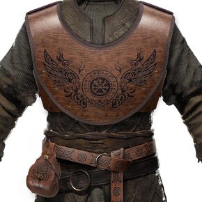HiiFeuer Phoenix Vegvisir Embossed Chest Armor with Medieval Embossed O Ring Belt and Portable Drawstring Pouch, Medieval Faux Leather Costume