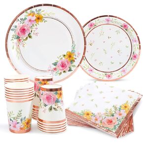 HOMIX Floral Paper Plates and Napkins Cups Sets Pink Flower Tea Party Supplies Disposable Dinnerware Sets Serves 24 for Bridal Shower, Birthdays