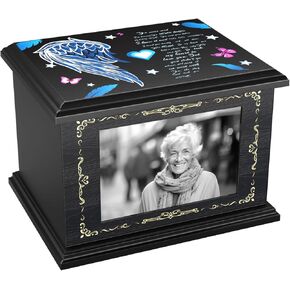 Cremation Urns for Human Ashes Adult Male Female, Wooden Urns Box and Casket for Men Women Funeral Memorial Urns for Ashes with Photo Frame, Burial Urn for Adults Up to 230 LBS (Angel Wings)