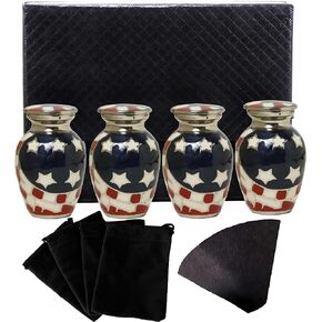 THE ASCENT MEMORIAL American Flag Embossed Urns & Keepsake Set of 4 with Four Velvet Carry Bags, A Funnel, and A Premium Gift Box - Serenity Funeral Ashes Container