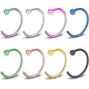 FACOKO 8PCS Nose Rings Hoop for Women, Titanium Piercing Body Jewelry, 18G Nose Rings Piercing 2mm Ball Top, 20 Gauge Men Half Nose Ring, 8mm/10mm Gold/Silver/Black/Rose Gold/Rainbow/Pink/Blue/Green