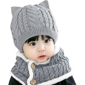 Bienvenu قبعة شتوية للأطفال الأولاد والبنات، قبعة صغيرة للقطط الصغيرة مع وشاح، قبعة محبوكة مبطنة بالصوف لتدفئة الرقبة للأطفال قطعتين in Kuwait