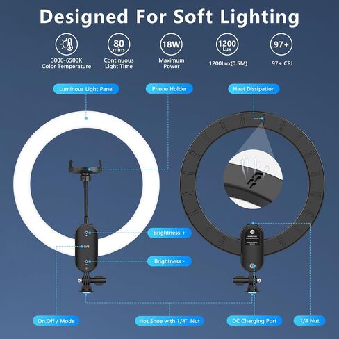 12" Selfie Ring Light with 30" Desk Stand/Phone Holder, QEUOOIY 18W LED Desktop Light Ring Dimmable 3000-6500K with Remote Control and Built-in Rechargeable Battery for Makeup, Salon,Video Call in Saudi Arabia