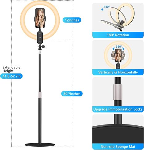 12" Selfie Ring Light with 30" Desk Stand/Phone Holder, QEUOOIY 18W LED Desktop Light Ring Dimmable 3000-6500K with Remote Control and Built-in Rechargeable Battery for Makeup, Salon,Video Call in Saudi Arabia