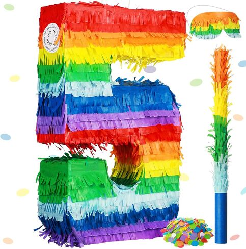 Rainbow Number Pinata Multicolor Number Pinata Small Kids Birthday Party Pinata with Blindfold Stick and Confetti Small Pinata for Birthday Anniversary Cinco de Mayo Fiesta Party Decor (Number 5) in Saudi Arabia