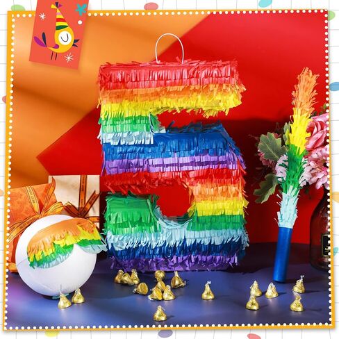 Rainbow Number Pinata Multicolor Number Pinata Small Kids Birthday Party Pinata with Blindfold Stick and Confetti Small Pinata for Birthday Anniversary Cinco de Mayo Fiesta Party Decor (Number 5) in Saudi Arabia