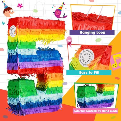 Rainbow Number Pinata Multicolor Number Pinata Small Kids Birthday Party Pinata with Blindfold Stick and Confetti Small Pinata for Birthday Anniversary Cinco de Mayo Fiesta Party Decor (Number 5) in Saudi Arabia