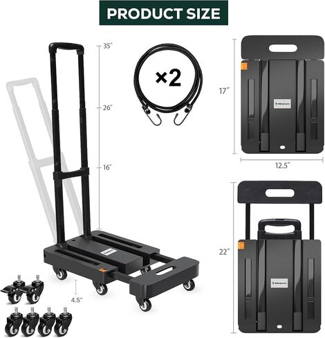 Fablyours Folding Hand Truck Dolly Cart, 500LB Heavy Duty Foldable Cart with 6 Wheels, Including 2 Rear Brake Wheels & 2 Elastic Ropes, Portable Dolly for Moving utility Luggage Travel/Home/Office Use in Saudi Arabia