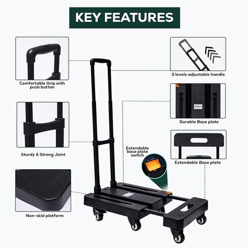 Fablyours Folding Hand Truck Dolly Cart, 500LB Heavy Duty Foldable Cart with 6 Wheels, Including 2 Rear Brake Wheels & 2 Elastic Ropes, Portable Dolly for Moving utility Luggage Travel/Home/Office Use in Saudi Arabia