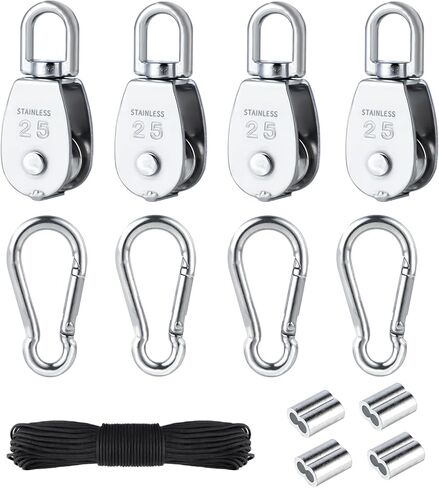 نظام بكرة الحبل 13 قطعة M25 - مجموعة نظام بكرة من الفولاذ المقاوم للصدأ 304، نظام بكرة 25 مم مع حبل وخطافات، مجموعة نظام بكرة لرفع الرافعة (حمل عمل 330 رطل) in Kuwait