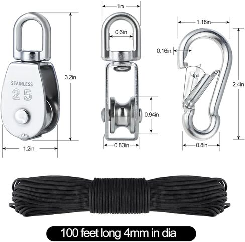 نظام بكرة الحبل 13 قطعة M25 - مجموعة نظام بكرة من الفولاذ المقاوم للصدأ 304، نظام بكرة 25 مم مع حبل وخطافات، مجموعة نظام بكرة لرفع الرافعة (حمل عمل 330 رطل) in Kuwait