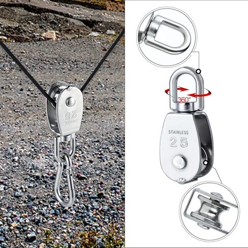 نظام بكرة الحبل 13 قطعة M25 - مجموعة نظام بكرة من الفولاذ المقاوم للصدأ 304، نظام بكرة 25 مم مع حبل وخطافات، مجموعة نظام بكرة لرفع الرافعة (حمل عمل 330 رطل) in Kuwait