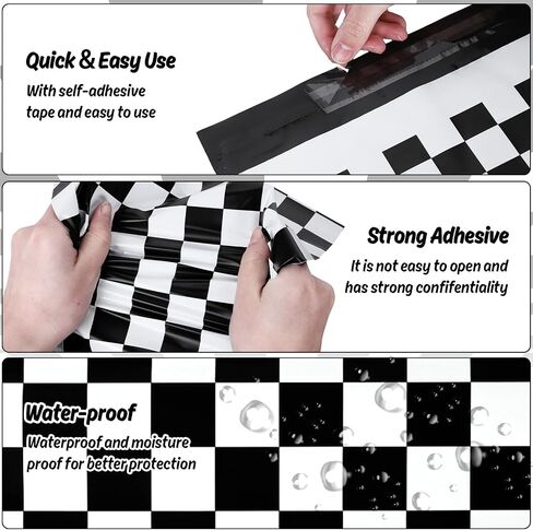 JarThenaAMCS 100 قطعة 10 × 13 بوصة من أكياس البريد البلاستيكية المربعة الكلاسيكية باللونين الأبيض والأسود مع مغلفات تغليف الهدايا المزخرفة ذاتية الغلق لملابس بوتيك الأعمال الصغيرة in Kuwait