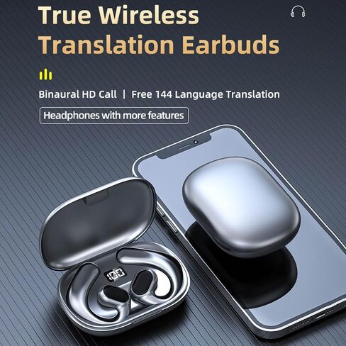 Clip On Real Time Translation Earbuds with APP, Stereo System Power Display 144 Languages Translation Earphone Supports Music and Talk, for Business Travel Learning (Black) in Saudi Arabia