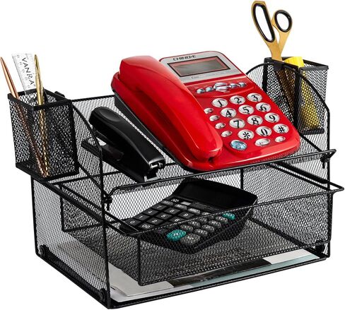 VANRA Metal Mesh Desk Organizer Set Office Supplies Telephone Stand with Sliding Drawer and 2 Pencil Holders, 3 Pieces (Black) in Saudi Arabia