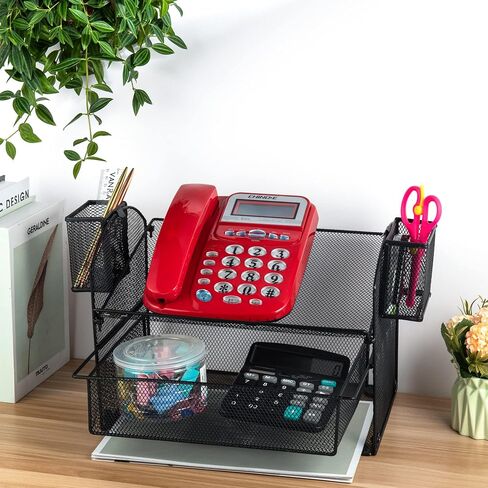 VANRA Metal Mesh Desk Organizer Set Office Supplies Telephone Stand with Sliding Drawer and 2 Pencil Holders, 3 Pieces (Black) in Saudi Arabia