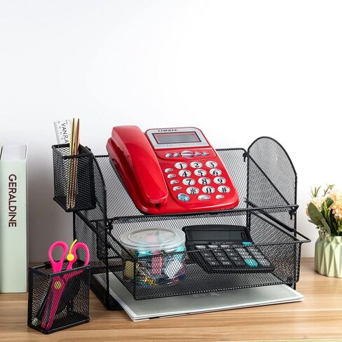 VANRA Metal Mesh Desk Organizer Set Office Supplies Telephone Stand with Sliding Drawer and 2 Pencil Holders, 3 Pieces (Black) in Saudi Arabia