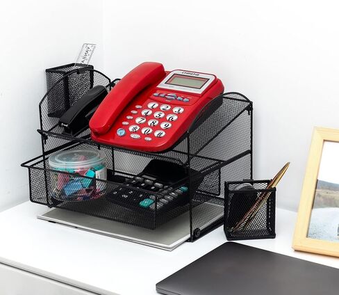 VANRA Metal Mesh Desk Organizer Set Office Supplies Telephone Stand with Sliding Drawer and 2 Pencil Holders, 3 Pieces (Black) in Saudi Arabia