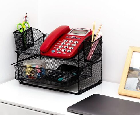 VANRA Metal Mesh Desk Organizer Set Office Supplies Telephone Stand with Sliding Drawer and 2 Pencil Holders, 3 Pieces (Black) in Saudi Arabia