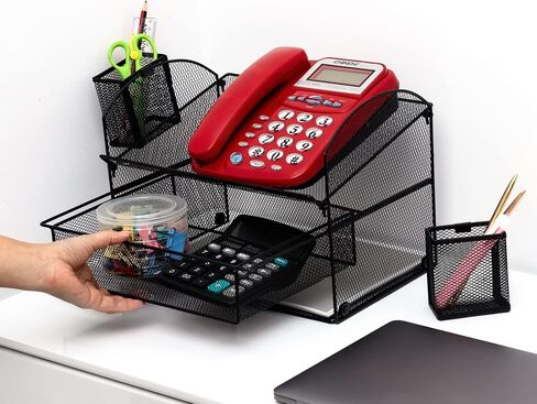 VANRA Metal Mesh Desk Organizer Set Office Supplies Telephone Stand with Sliding Drawer and 2 Pencil Holders, 3 Pieces (Black) in Saudi Arabia