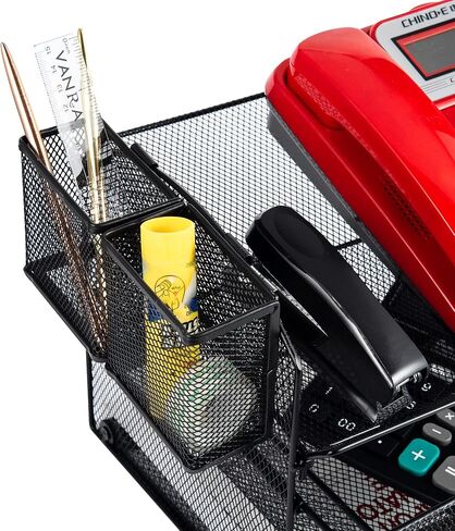 VANRA Metal Mesh Desk Organizer Set Office Supplies Telephone Stand with Sliding Drawer and 2 Pencil Holders, 3 Pieces (Black) in Saudi Arabia