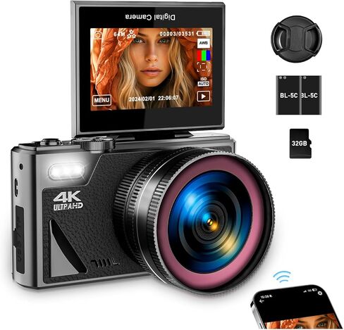 كاميرا رقمية بدقة 4K للتصوير الفوتوغرافي، كاميرا تسجيل فيديو بدقة 64 ميجابكسل بتقنية WiFi UHD لتدوين الفيديو على YouTube مع عدسة فائقة الاتساع، وشاشة قابلة للطي مقاس 3 بوصات بزاوية 180 درجة، وتكبير رقمي 18X مع بطاقة SD سعة 32 جيجابايت، وبطاريتين، باللون ا in Kuwait