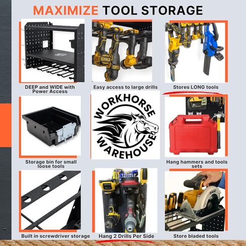 WORKHORSE WAREHOUSE Power Tool Holder, Holds up to 8 Drills, Charges up to 6 Batteries, Stores Long and Short Tools, Pegboard Steel Design, Drill Holder Wall Mount in Saudi Arabia