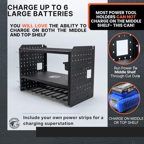 WORKHORSE WAREHOUSE Power Tool Holder, Holds up to 8 Drills, Charges up to 6 Batteries, Stores Long and Short Tools, Pegboard Steel Design, Drill Holder Wall Mount in Saudi Arabia