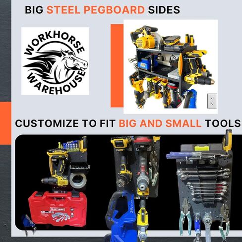 WORKHORSE WAREHOUSE Power Tool Holder, Holds up to 8 Drills, Charges up to 6 Batteries, Stores Long and Short Tools, Pegboard Steel Design, Drill Holder Wall Mount in Saudi Arabia