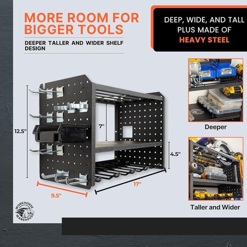 WORKHORSE WAREHOUSE Power Tool Holder, Holds up to 8 Drills, Charges up to 6 Batteries, Stores Long and Short Tools, Pegboard Steel Design, Drill Holder Wall Mount in Saudi Arabia