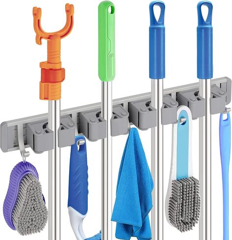 MCOMCE Broom Holder Wall Mount, Broom Holder, Mop Hanger Wall Mount Metal Organization, Broom and Dustpan Hanger for Home, Kitchen, Garden, Garage Storage Systems (4 Racks with 5 Hooks, Silver) in Saudi Arabia