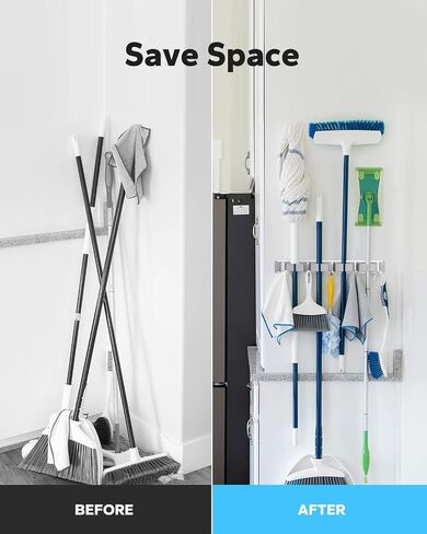 MCOMCE Broom Holder Wall Mount, Broom Holder, Mop Hanger Wall Mount Metal Organization, Broom and Dustpan Hanger for Home, Kitchen, Garden, Garage Storage Systems (4 Racks with 5 Hooks, Silver) in Saudi Arabia