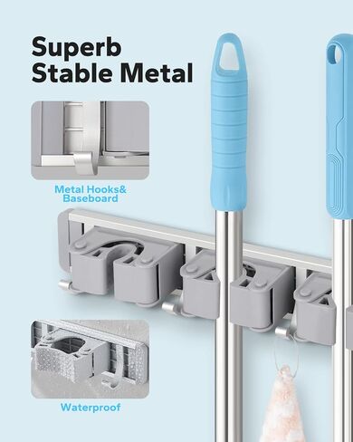 MCOMCE Broom Holder Wall Mount, Broom Holder, Mop Hanger Wall Mount Metal Organization, Broom and Dustpan Hanger for Home, Kitchen, Garden, Garage Storage Systems (4 Racks with 5 Hooks, Silver) in Saudi Arabia