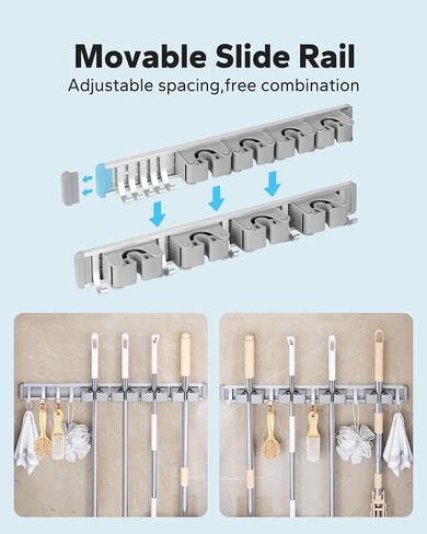 MCOMCE Broom Holder Wall Mount, Broom Holder, Mop Hanger Wall Mount Metal Organization, Broom and Dustpan Hanger for Home, Kitchen, Garden, Garage Storage Systems (4 Racks with 5 Hooks, Silver) in Saudi Arabia