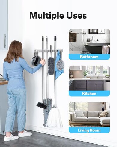 MCOMCE Broom Holder Wall Mount, Broom Holder, Mop Hanger Wall Mount Metal Organization, Broom and Dustpan Hanger for Home, Kitchen, Garden, Garage Storage Systems (4 Racks with 5 Hooks, Silver) in Saudi Arabia