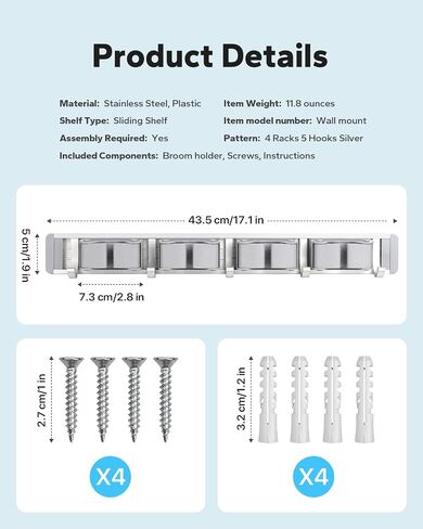 MCOMCE Broom Holder Wall Mount, Broom Holder, Mop Hanger Wall Mount Metal Organization, Broom and Dustpan Hanger for Home, Kitchen, Garden, Garage Storage Systems (4 Racks with 5 Hooks, Silver) in Saudi Arabia