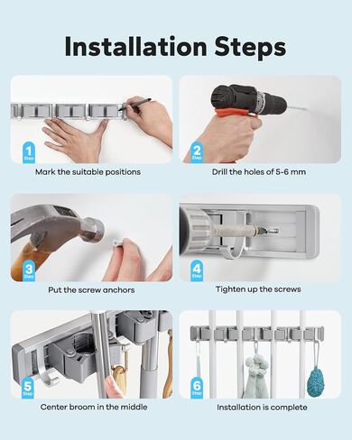 MCOMCE Broom Holder Wall Mount, Broom Holder, Mop Hanger Wall Mount Metal Organization, Broom and Dustpan Hanger for Home, Kitchen, Garden, Garage Storage Systems (4 Racks with 5 Hooks, Silver) in Saudi Arabia