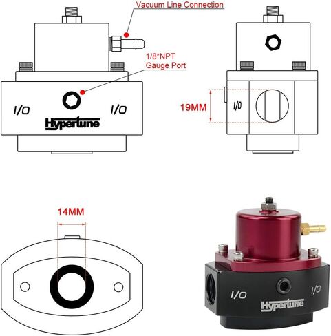 منظم ضغط الوقود القابل للتعديل من Hypertune بمقياس 8AN EFI Bypass Kit مرجع تعزيز - 1:1 4-65 PSI أسود + أحمر in Saudi Arabia