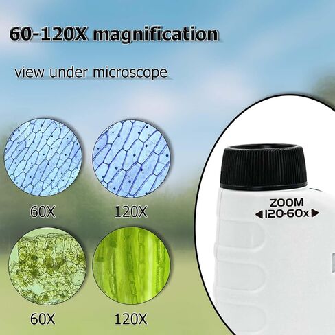 مجهر RAUWIZX المحمول، مجموعة التجارب العلمية، مجهر محمول مع تكبير 60x-120x وإضاءة LED، مجهر صغير مثالي للتعليم واستكشاف العالم باللون الأبيض in Saudi Arabia
