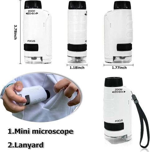 مجهر RAUWIZX المحمول، مجموعة التجارب العلمية، مجهر محمول مع تكبير 60x-120x وإضاءة LED، مجهر صغير مثالي للتعليم واستكشاف العالم باللون الأبيض in Saudi Arabia