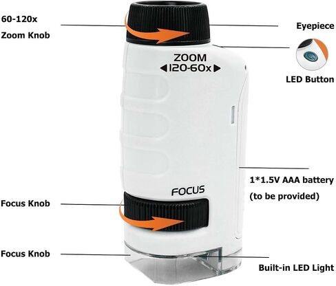 مجهر RAUWIZX المحمول، مجموعة التجارب العلمية، مجهر محمول مع تكبير 60x-120x وإضاءة LED، مجهر صغير مثالي للتعليم واستكشاف العالم باللون الأبيض in Saudi Arabia